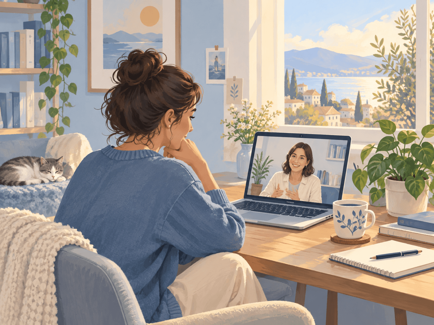 Ilustración de una persona adulta recibiendo acompañamiento psicológico por videollamada desde casa